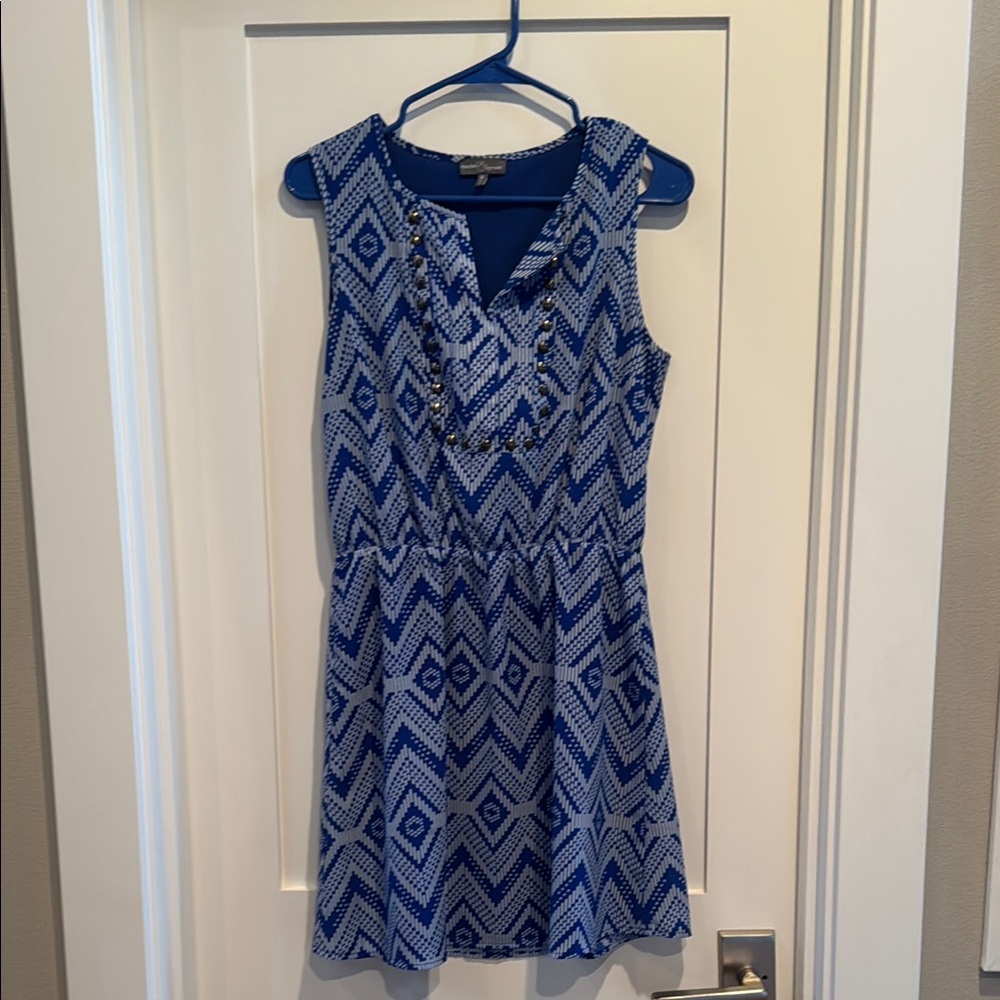 Blue Geometric Pattern Sleeveless Dress